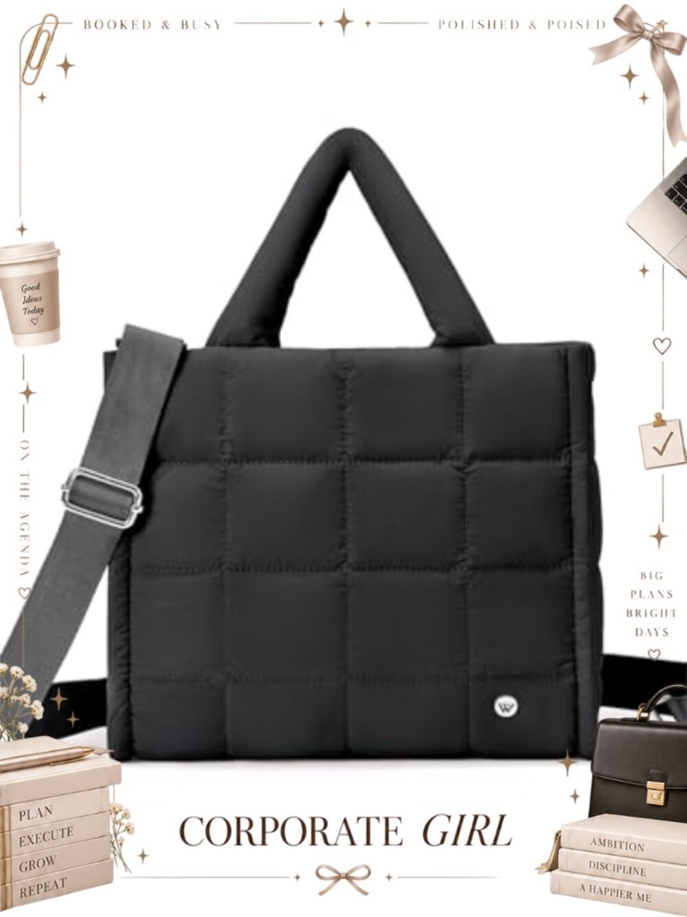 Quilted Nylon Puffer Crossbody Tote Bag Lightweight Weekender Travel Purse